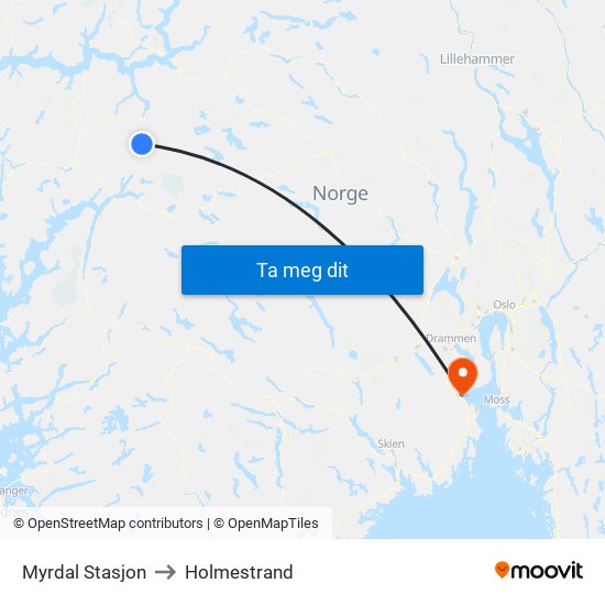 Myrdal Stasjon to Holmestrand map