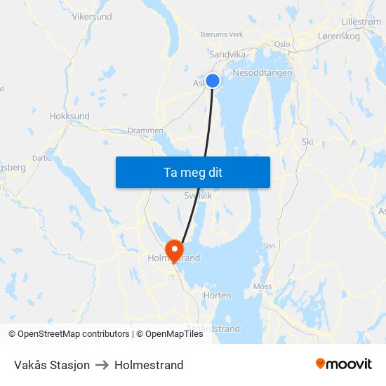 Vakås Stasjon to Holmestrand map