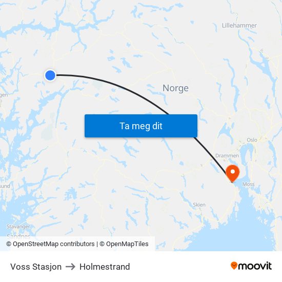 Voss Stasjon to Holmestrand map