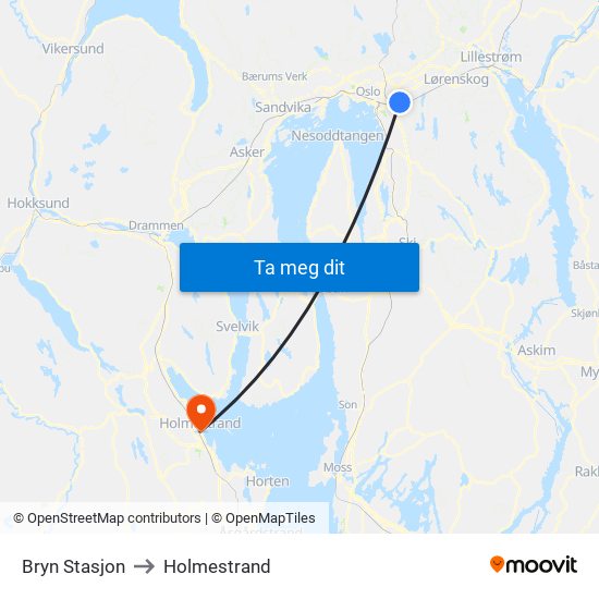 Bryn Stasjon to Holmestrand map