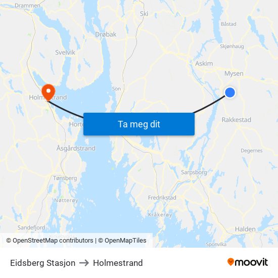 Eidsberg Stasjon to Holmestrand map
