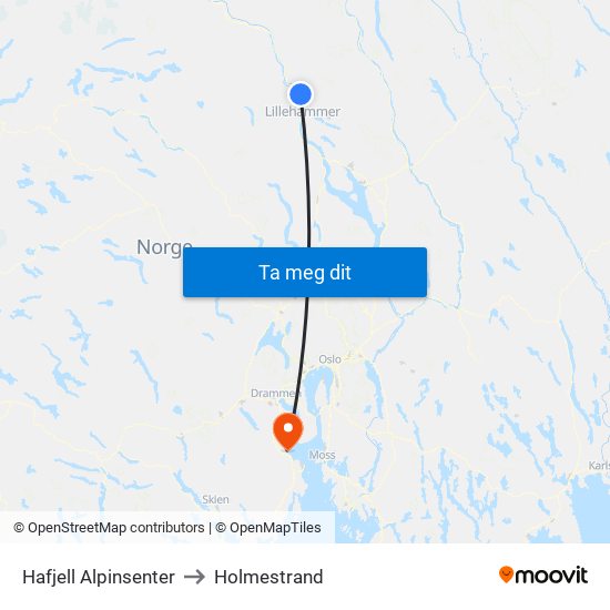Hafjell Alpinsenter to Holmestrand map