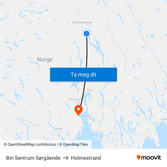 Biri Sentrum Sørgående to Holmestrand map