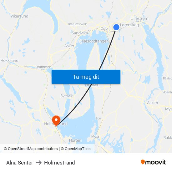 Alna Senter to Holmestrand map