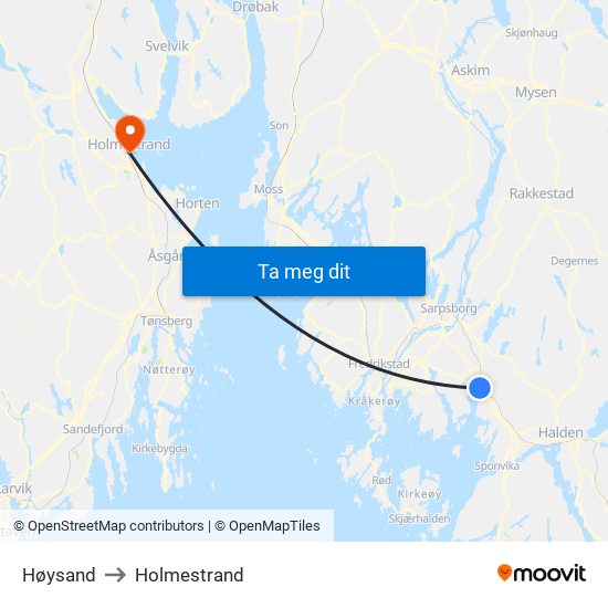 Høysand to Holmestrand map