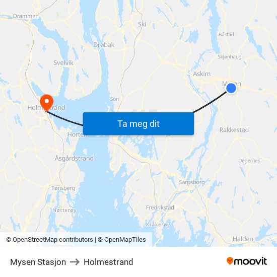 Mysen Stasjon to Holmestrand map