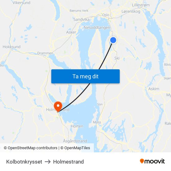 Kolbotnkrysset to Holmestrand map