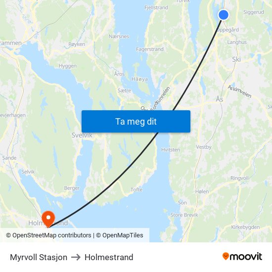 Myrvoll Stasjon to Holmestrand map