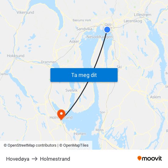 Hovedøya to Holmestrand map