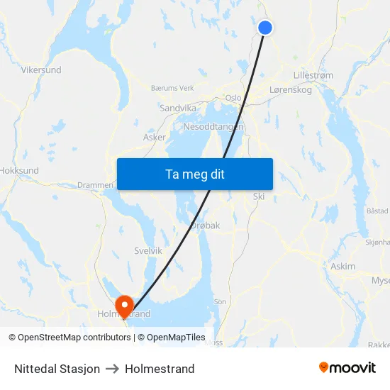 Nittedal Stasjon to Holmestrand map