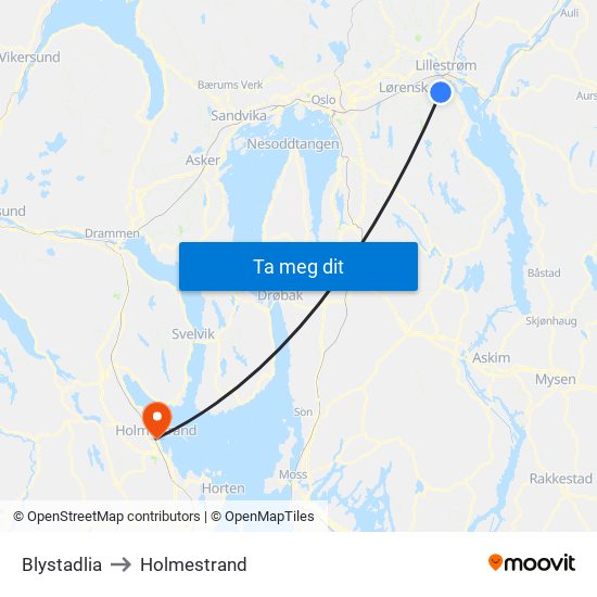 Blystadlia to Holmestrand map