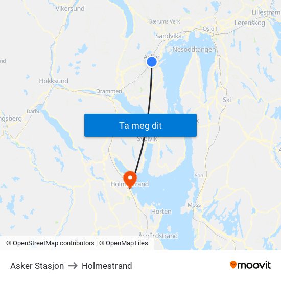 Asker Stasjon to Holmestrand map