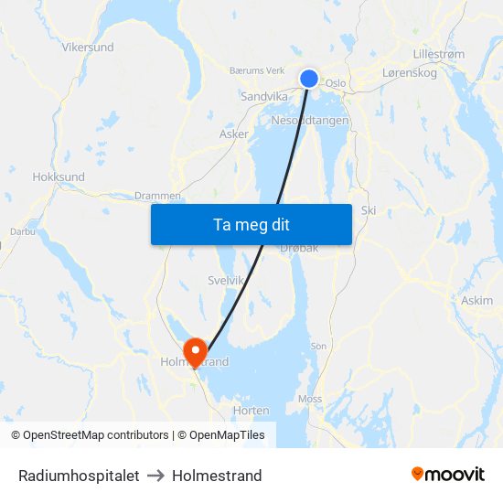 Radiumhospitalet to Holmestrand map