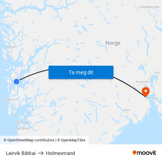 Leirvik Båtkai to Holmestrand map