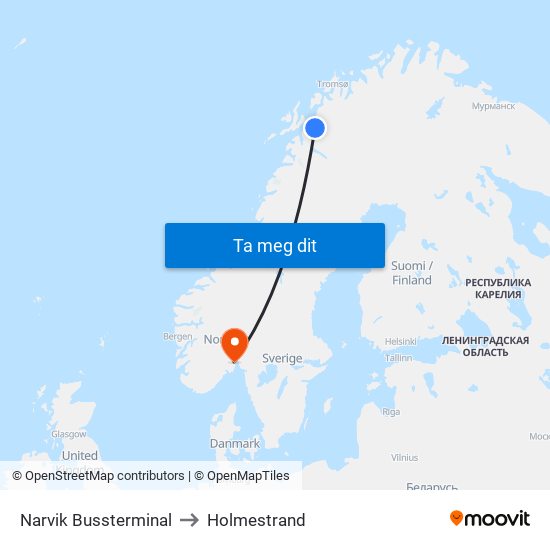 Narvik Bussterminal to Holmestrand map