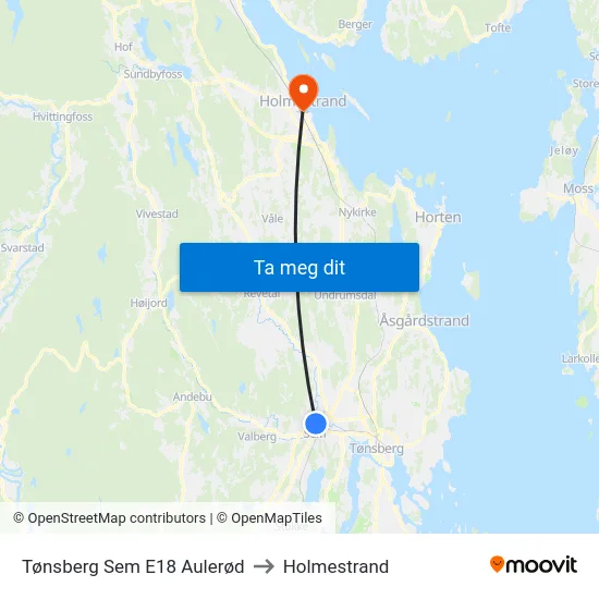 Tønsberg Sem E18 Aulerød to Holmestrand map