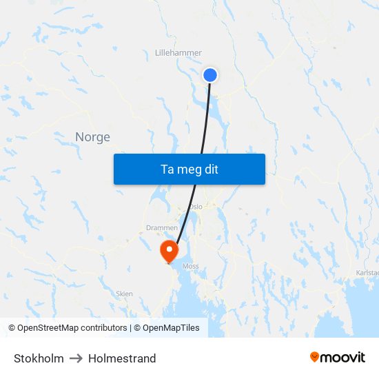Stokholm to Holmestrand map