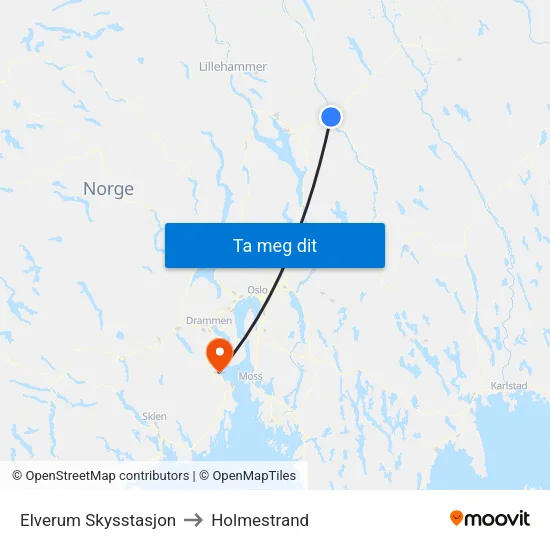 Elverum Skysstasjon to Holmestrand map