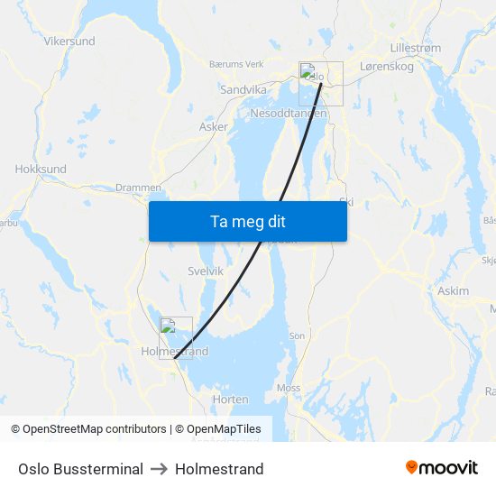 Oslo Bussterminal to Holmestrand map