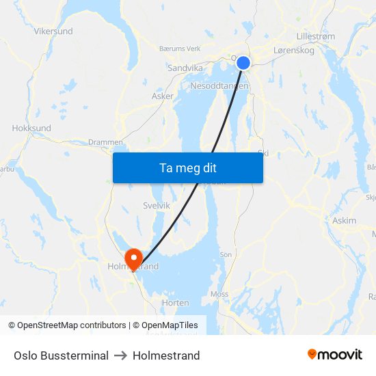 Oslo Bussterminal to Holmestrand map