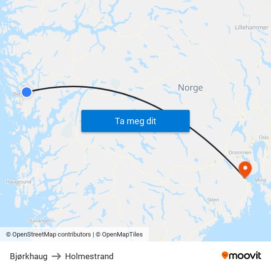 Bjørkhaug to Holmestrand map