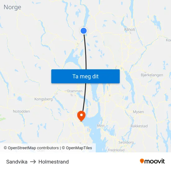 Sandvika to Holmestrand map