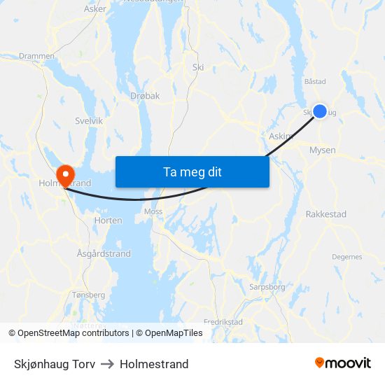 Skjønhaug Torv to Holmestrand map