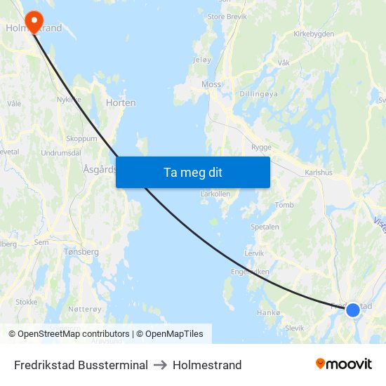 Fredrikstad Bussterminal to Holmestrand map