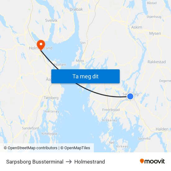 Sarpsborg Bussterminal to Holmestrand map