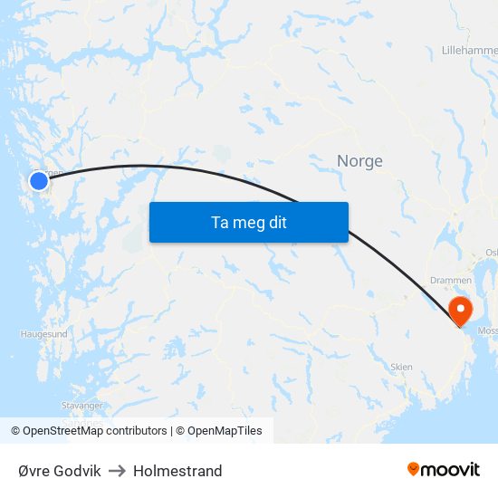 Øvre Godvik to Holmestrand map