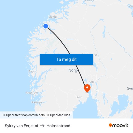 Sykkylven Ferjekai to Holmestrand map