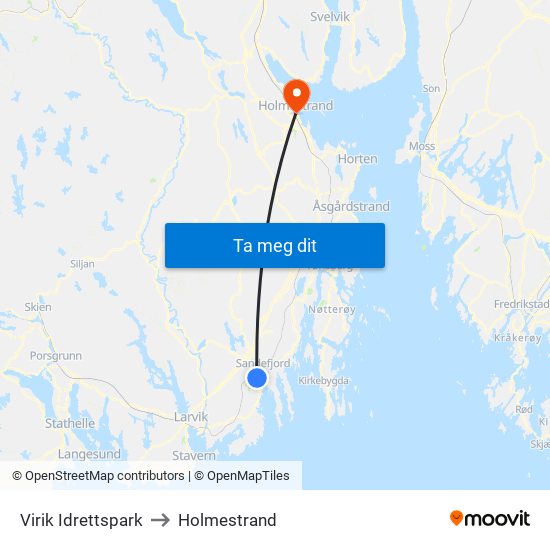 Virik Idrettspark to Holmestrand map