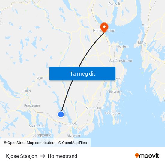 Kjose Stasjon to Holmestrand map