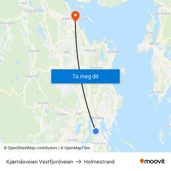 Kjærnåsveien Vestfjordveien to Holmestrand map