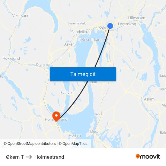 Økern T to Holmestrand map