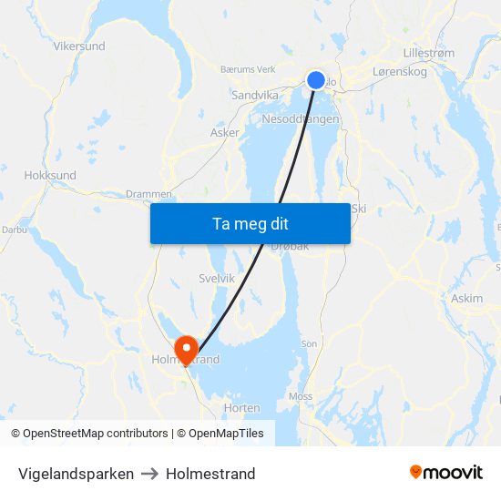 Vigelandsparken to Holmestrand map