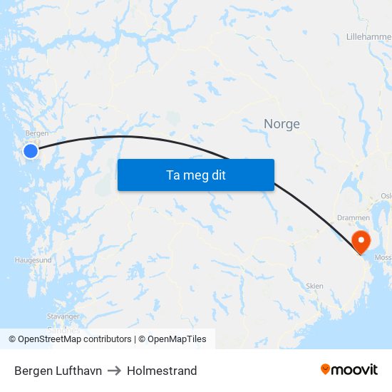 Bergen Lufthavn to Holmestrand map