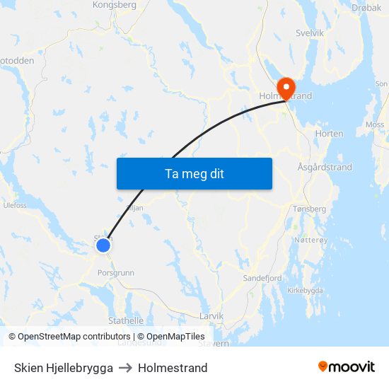 Skien Hjellebrygga to Holmestrand map