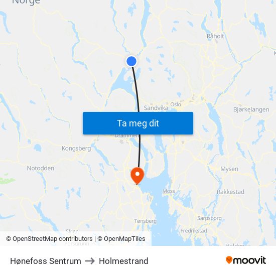 Hønefoss Sentrum to Holmestrand map