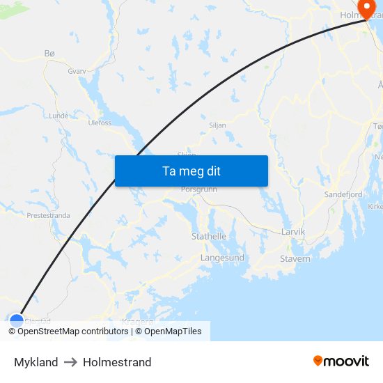 Mykland to Holmestrand map