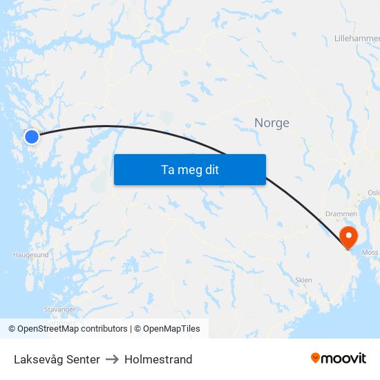 Laksevåg Senter to Holmestrand map