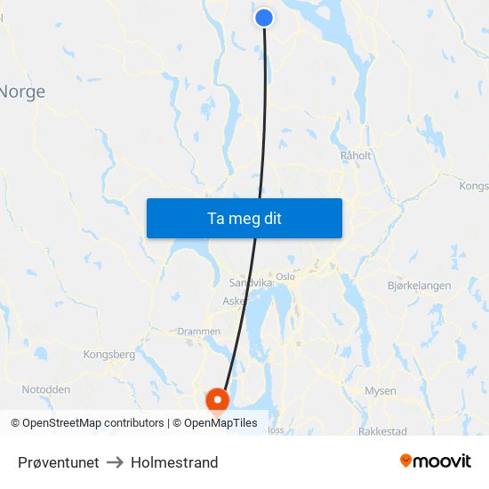 Prøventunet to Holmestrand map