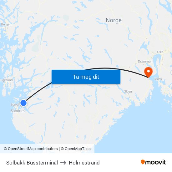 Solbakk Bussterminal to Holmestrand map