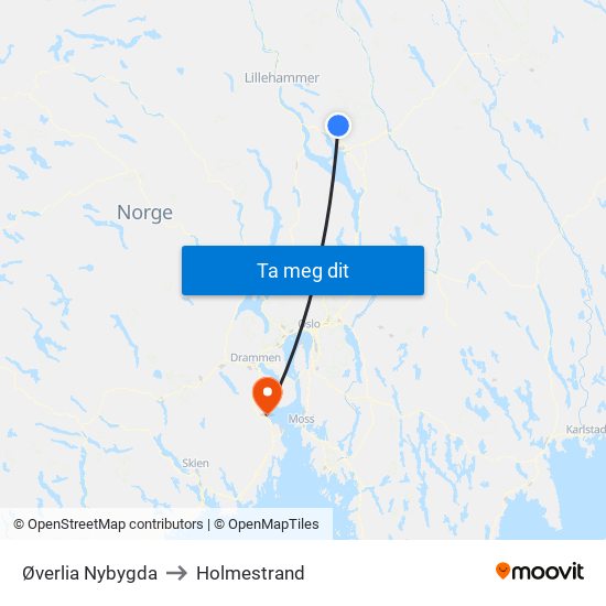 Øverlia Nybygda to Holmestrand map