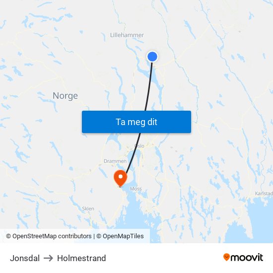 Jonsdal to Holmestrand map