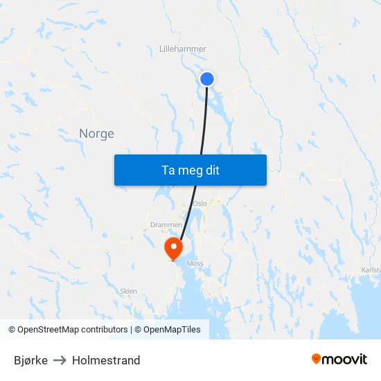 Bjørke to Holmestrand map