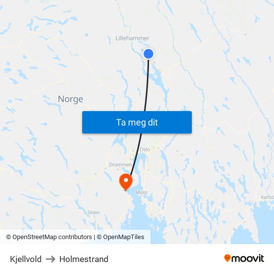 Kjellvold to Holmestrand map