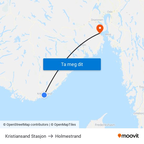 Kristiansand Stasjon to Holmestrand map