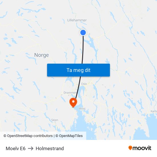 Moelv E6 to Holmestrand map