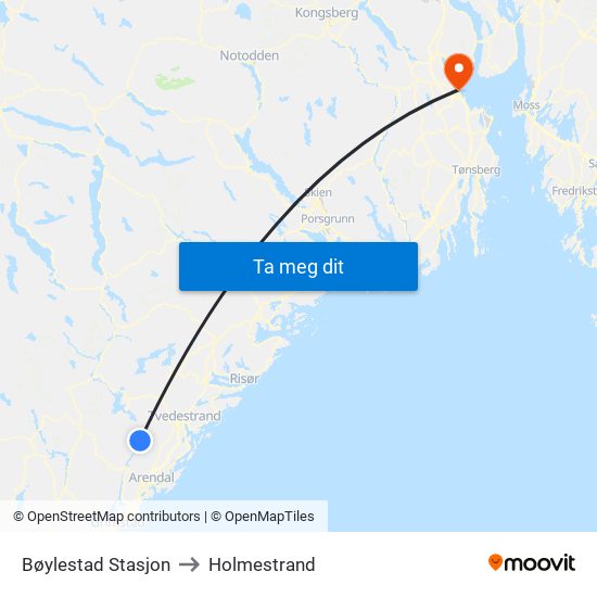 Bøylestad Stasjon to Holmestrand map